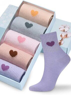 1 Corlap Women's Cotton Crew Socks Fun Heart Ankle Athletic 5 Pairs Gift Box